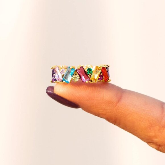 Colorful Rainbow Ring, Emerald Cut Eternity Band Rings for Women, 18K Gold Plate - Picture 4 of 7